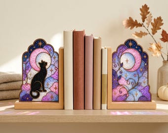 Schwarze Katzen-Buchstützen aus Buntglas, Buchhalter aus Holz mit Mond- und Sternenmotiv, himmlische Bücherregal-Deko, zauberhaftes Geschenk für Katzenliebhaber in der Leseecke