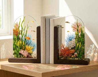 Buchstützen aus Glas mit Korallenriff-Motiv und dunklem Walnussholzsockel, Unterwasser-Küsten-Regaldekoration