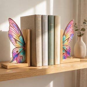 May include: A pair of L-shaped wooden bookends featuring translucent, iridescent butterfly wings in shades of pink, yellow, and blue. The wings are attached to light-colored wooden bases, supporting a row of four neutral-toned hardcover books.