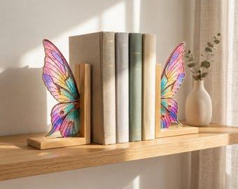 Buchstützen mit Schmetterlingsmotiv aus Buntglas, Buchhalter mit Schmetterlingsflügeln und Glassockel, farbenfrohe Regaldekoration, Geschenk für Bücherliebhaberinnen