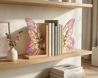 Sujetalibros de vidrieras con mariposas florales, soporte para libros con base de madera y alas de mariposa de cristal, decoración rosa para estantería, regalo para amantes de los libros.