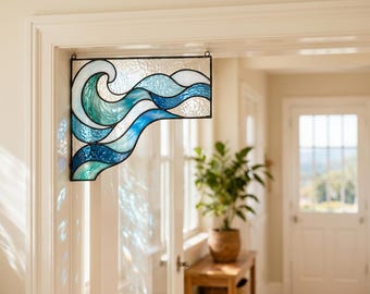 Ocean Wave Stained Glass Window Corner Decor, Coastal Glass Suncatcher, Beach House Window Hanging, Ocean Lover Gift, Blue Home Decor