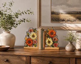 Florale Glasbuchstützen, handgefertigter Blumenbuchhalter mit Holzsockel, botanische Bücherregaldekoration, sonnenlichtreflektierendes Wohnaccessoire