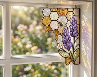 Stained Glass Window Corner Hanging, Lavender Honeycomb Suncatcher Pair, Bee Floral Window Decor, Cottagecore Gift, Garden Lover Gift
