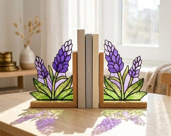 Lavendel-Buntglas-Buchstützen, Holzbasis-Glas-Lavendel-Buchhalter, Blumen-Bücherregal-Dekor, botanisches Lesewinkel-Dekor, Buch-Liebhabergeschenk