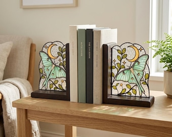 Buchstützen mit Mondfalter-Motiv aus Buntglas, Buchhalter aus Holz mit Mondfalter-Motiv, himmlische Bücherregal-Dekoration, Geschenk für Bücherliebhaber, Halloween- und Weihnachtsdekoration