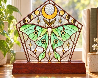 Luna Moth Suncatcher, Moon Phase Sun Catcher Tabletop Decor, Celestial Desk Ornament, Witchy Room Decor, Gift for Her