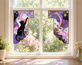 Stained Glass Window Corner Suncatcher, Black Cat Moon Window Ornament, Celestial Cat Lover Gift, Purple Gothic Home Decor, Sun Catcher