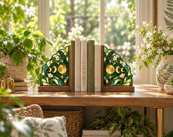 Buchstützen mit Mondphasenmotiv, himmlischer Sonnenfänger-Buchhalter mit Walnussholzsockel, grüne botanische Bücherregaldekoration, Geschenk für Bücherliebhaber