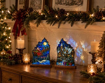 Weihnachtliche Buntglas-Buchstützen, Weihnachtsmann-Schlitten-Glasdekoration, Buchstützen-Set mit verschneitem Dorfmotiv, Weihnachtlicher Tischschmuck