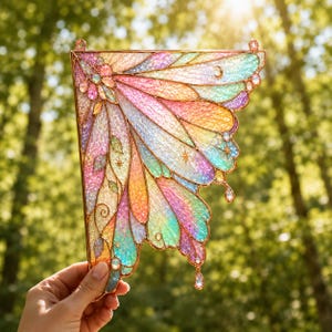 May include: A decorative stained glass panel shaped like a butterfly wing with a metallic copper frame. The wing features iridescent, multi-colored textured glass in shades of pink, blue, yellow, and green, accented with small star and moon charms.