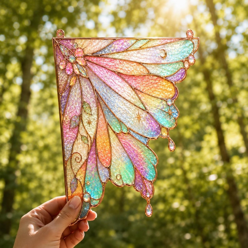 May include: A decorative stained glass panel shaped like a butterfly wing with a metallic copper frame. The wing features iridescent, multi-colored textured glass in shades of pink, blue, yellow, and green, accented with small star and moon charms.