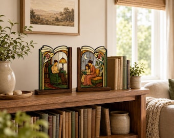 Gemütliche Familie Lese Glasmalerei Buchstützen, Familie Glas Buchhalter, Holz Basis Buchstützen, Leseecke Dekor, Buch Liebhaber Geschenk