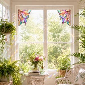 May include: Two decorative window corner accents featuring a vibrant stained glass style butterfly wing pattern in shades of pink, orange, yellow, blue, and purple with black outlines, suspended in the upper corners of a white window frame.