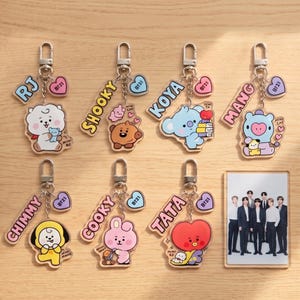 Pode incluir: Sete chaveiros de acrílico com os personagens BT21 RJ, Shooky, Koya, Mang, Chimmy, Cooky e Tata, cada um com uma etiqueta de nome e um pequeno pingente de coração. Um cartão fotográfico retangular de acrílico mostra sete homens de terno.