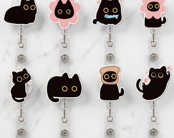 Uroczy, wysuwany identyfikator z czarnym kotem i różową koroną kwiatową – akrylowy uchwyt na identyfikator Kawaii dla pielęgniarek, lekarzy, nauczycieli i miłośników kotów