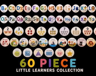 May include: A 60-piece educational set featuring circular wooden tokens with colorful illustrations. The collection includes letters A through Z with corresponding images, numbers 1 through 10, months of the year, and six basic shapes. Text reads 60 PIECE LITTLE LEARNERS COLLECTION.