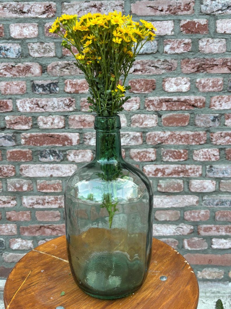 Jarrón damajuana verde vintage, cristal francés antiguo, decoración rústica de granja (30 cm) imagen 5