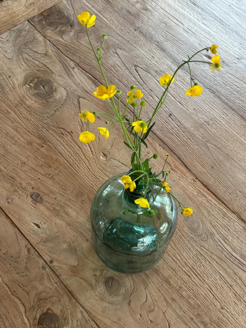 Puede incluir: Un jarr&oacute;n de cristal verde, redondo y transparente, con un cuello estrecho que contiene un ramo de flores de ran&uacute;nculo de color amarillo brillante con tallos verdes finos y peque&ntilde;os capullos, con un dise&ntilde;o sencillo y claro.