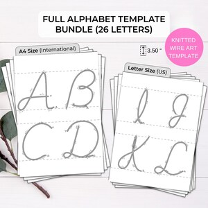 Puede incluir: Un conjunto de plantillas de alfabeto con el texto "FULL ALPHABET TEMPLATE BUNDLE (26 LETTERS)". Las plantillas están en tamaños A4 y Carta, con un indicador de medida de 8,89 cm. Las letras A, B, C, D, I, J, K y L son visibles.