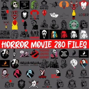 May include: A digital collection of 280 horror movie graphic designs featuring iconic characters like Pennywise, Michael Myers, Beetlejuice, and Ghostface. The set includes various illustrations, silhouettes, and text-based quotes on a gray background.