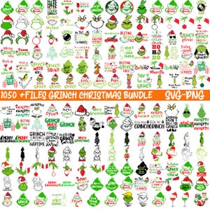 Könnte beinhalten: Eine digitale Sammlung von über 1050 Grinch-Weihnachtsgrafiken in den Formaten SVG und PNG. Das Paket enthält verschiedene Illustrationen der grünen Figur, Weihnachtsmützen, Christbaumkugeln und festliche Textphrasen wie Merry Grinchmas.