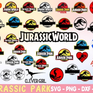 May include: A collection of digital graphic files featuring various Jurassic Park and Jurassic World logos, dinosaur silhouettes, and text elements. The designs include circular emblems, red heart shapes, and stylized typography in black, red, yellow, and blue.
