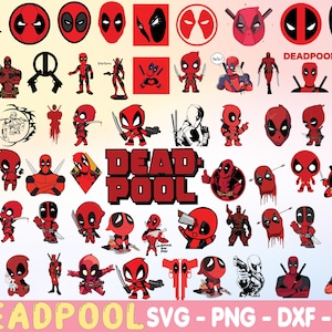 Puede incluir: Una colección de gráficos del personaje Deadpool con varias poses, expresiones e iconos en rojo y negro. Las imágenes incluyen figuras estilo chibi, logotipos, armas y el texto DEADPOOL en una fuente negrita y cuadrada en todo el conjunto.