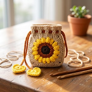 May include: A beige crochet drawstring pouch featuring a central sunflower motif with a dark brown centre and bright yellow petals. The bag has orange drawstrings ending in yellow heart-shaped charms, accompanied by two wooden crochet hooks.