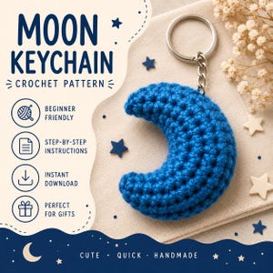 Crescent Moon Keychain Crochet Pattern (PDF Download) – Beginner Friendly Step-by-Step Instructions
