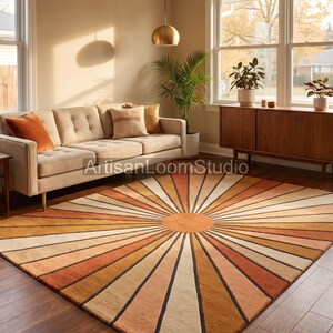 Orange Palette Geometric Radial Carpet Mid Century Modern Retro Sunburst Hand Tufted Wool Area Rug 70s Living Room Bedroom Floor Decor Mat