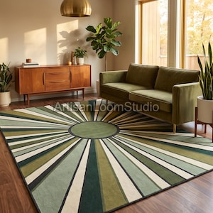 Green Palette Geometric Radial Carpet Mid Century Modern Retro Sunburst Hand Tufted Wool Area Rug 70s Living Room Bedroom Floor Decor Mat