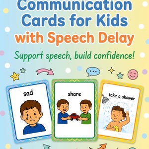 Può includere: Schede di comunicazione stampabili per bambini con ritardo del linguaggio. Le schede presentano illustrazioni con le parole "sad", "share" e "take a shower". Progettate per supportare il linguaggio e costruire la fiducia.