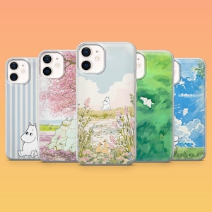 May include: Five clear smartphone cases featuring Moomin character illustrations. Designs include a blue striped pattern, a cherry blossom scene, a floral meadow with ducks, a green grassy field, and a bright blue sky with white clouds.