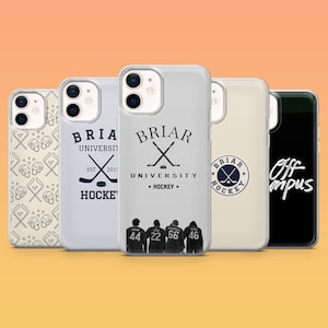 May include: A collection of five iPhone cases with hockey-themed designs. The cases feature the text "Briar University Hockey," crossed hockey sticks, and player numbers. One case has a repeating pattern of hockey sticks and skulls.