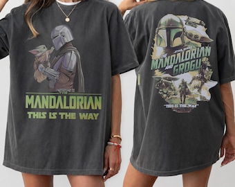 Comfort Colors Grogu Mandalorian T-Shirt, Mandalorian 2 Sided Graphic Shirt, Vintage Washed Star Wars Tee