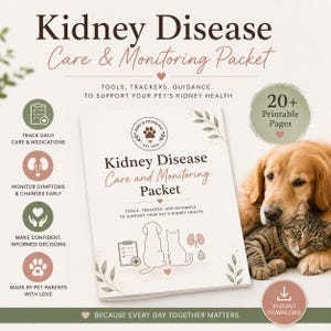 Może przedstawiać: Dokument dotyczący opieki i monitorowania chorób nerek z ilustracją psa i kota, tekstem '20+ Printable Pages', 'Instant Download', 'Because every day together matters' oraz ikonami służącymi do śledzenia stanu zdrowia zwierząt.