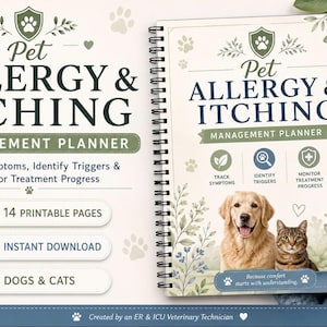 Puede incluir: Un planificador de alergias y picazón para mascotas con espiral que muestra un golden retriever y un gato atigrado en la portada. El texto dice: Pet Allergy & Itching Management Planner, Track Symptoms, Identify Triggers & Monitor Treatment Progress.