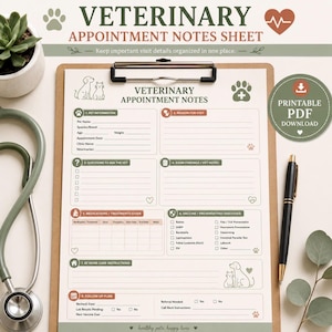 May include: A veterinary appointment notes sheet on a clipboard with sections for pet information, reason for visit, exam findings, medications, and follow-up plans. The document features green and brown accents, paw print icons, and line drawings of a dog and cat.