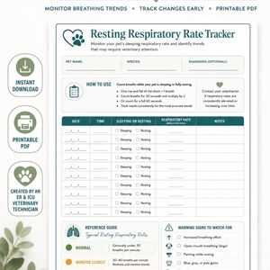 Op de afbeelding: Een printbaar document voor het bijhouden van de ademhalingsfrequentie van huisdieren in rust, met donkergroene tekst op een witte achtergrond. Het bevat velden voor naam, soort, diagnose en een tabel voor datum, tijd en ademhaling per minuut.