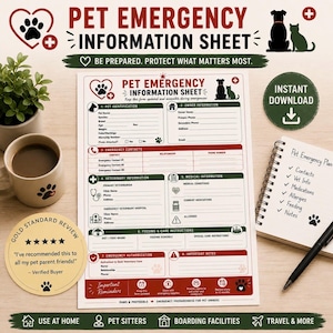 May include: A white paper pet emergency information sheet with red and dark green text and icons. The form includes sections for pet identification, owner details, emergency contacts, veterinary information, medical history, and care instructions.