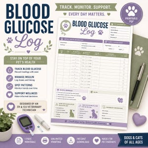 Registro della glicemia degli animali domestici stampabile / Tracker del diabete per cani e gatti / Foglio di monitoraggio della glicemia / Registro dell'insulina in formato PDF (scaricabile)