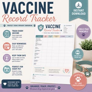 May include: A printable Vaccine Record Tracker document featuring a grid for tracking pet vaccinations, dates, and veterinary details. The document includes sections for pet information, vaccination reminders, and clinic contact data in a clean layout.