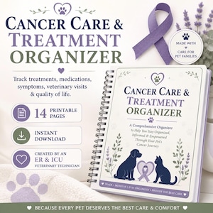 Puede incluir: Un organizador de cuidados y tratamientos contra el cáncer con encuadernación en espiral, portada blanca, silueta de perro y gato en azul oscuro, un lazo morado y el texto "A Comprehensive Organizer to Help You Stay Organized, Informed & Empowered."