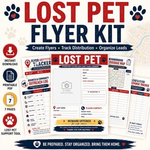 May include: A Lost Pet Flyer Kit featuring seven printable pages including a flyer template, distribution tracker, outreach log, and neighborhood map. The documents are white with red and dark blue text, paw print icons, and organized sections.