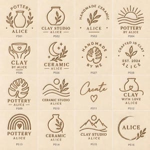 May include: A collection of sixteen brown line art logo designs on a light beige background. Each square features unique pottery-themed icons like vases, leaves, suns, and mountains, accompanied by text labels such as Alice, Clay Studio, and Create.