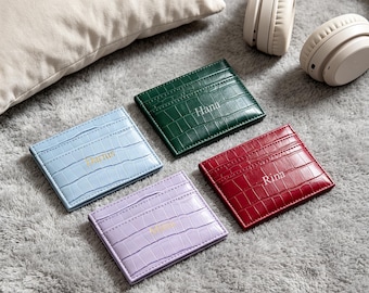 Custom Crocodile Leather Card Holder, Personalized Foil Embossed Slim Wallet, Minimalist Wallet Gift for Men Women