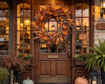 Fall Magnolia Leaf Wreath for Front Door,Rustic Autumn Wreath with Berries and Pampas Grass,Farmhouse Fall Wall Decor,Thanksgiving Home Deco