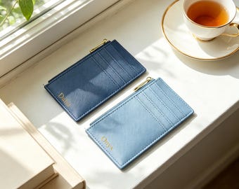 Portable leather zippered card holder, small coin purse card holder, slim and easy to carry every day with genuine leather accessories
