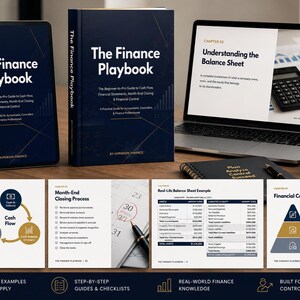 May include: An image showcasing "The Finance Playbook" in both book and tablet formats, alongside a laptop displaying financial concepts. A mug with "Finance is the language of business" is also present. The scene suggests a focus on financial education and business.